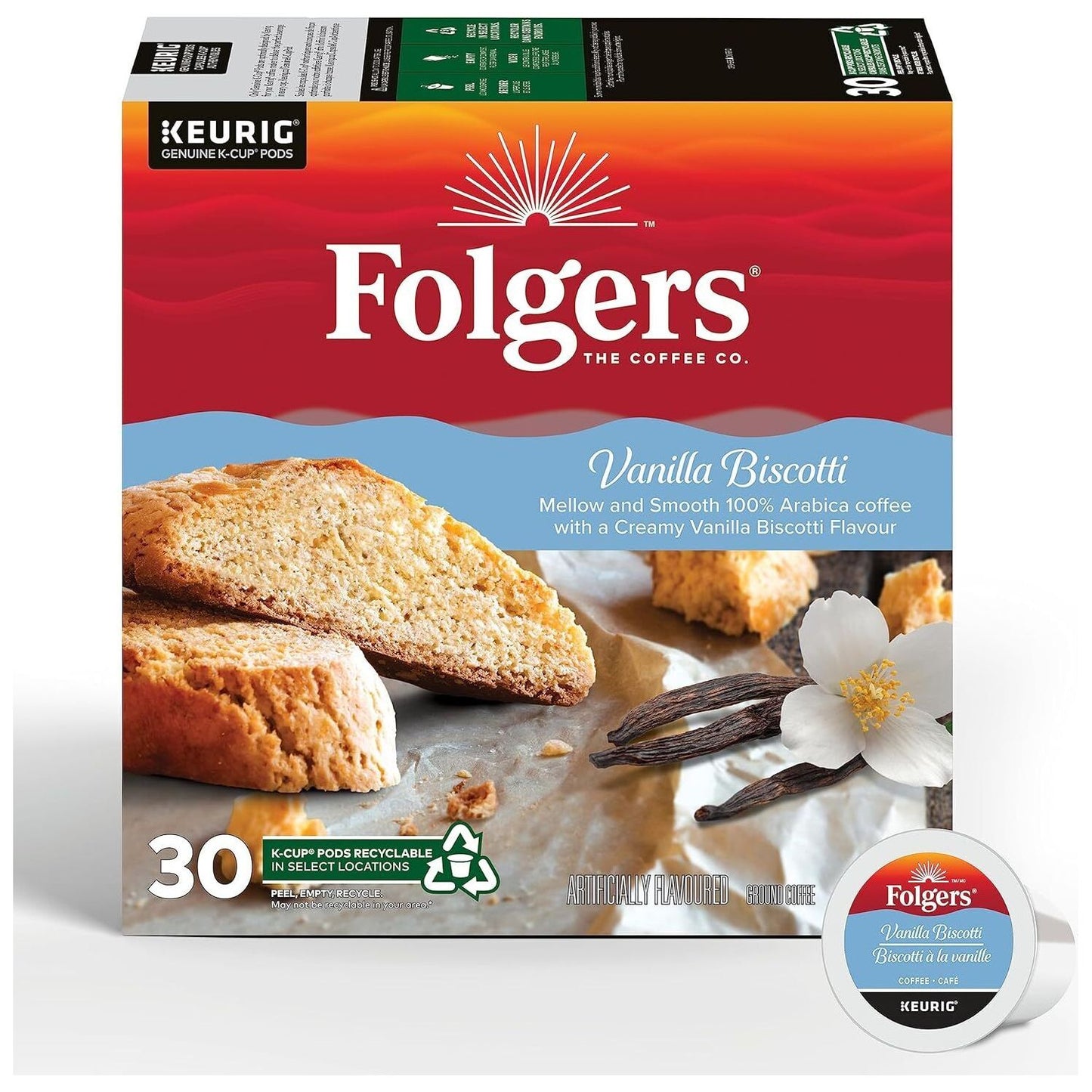 Folgers Vanilla Biscotti Flavoured Coffee, Single-Serve K-Cup Pods Keurig 30 Ct.