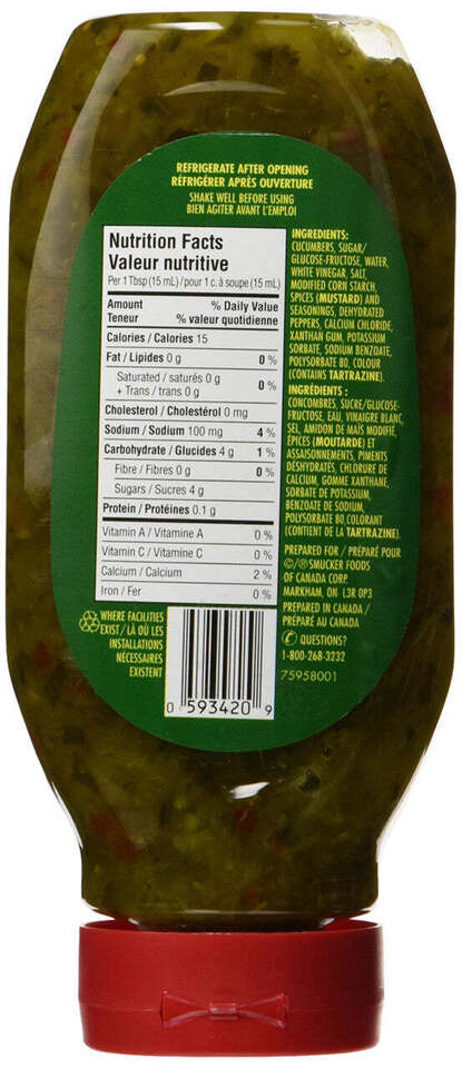 Bick's Squeeze Sweet Green Relish 500ml/15.90oz - Imported from Canada