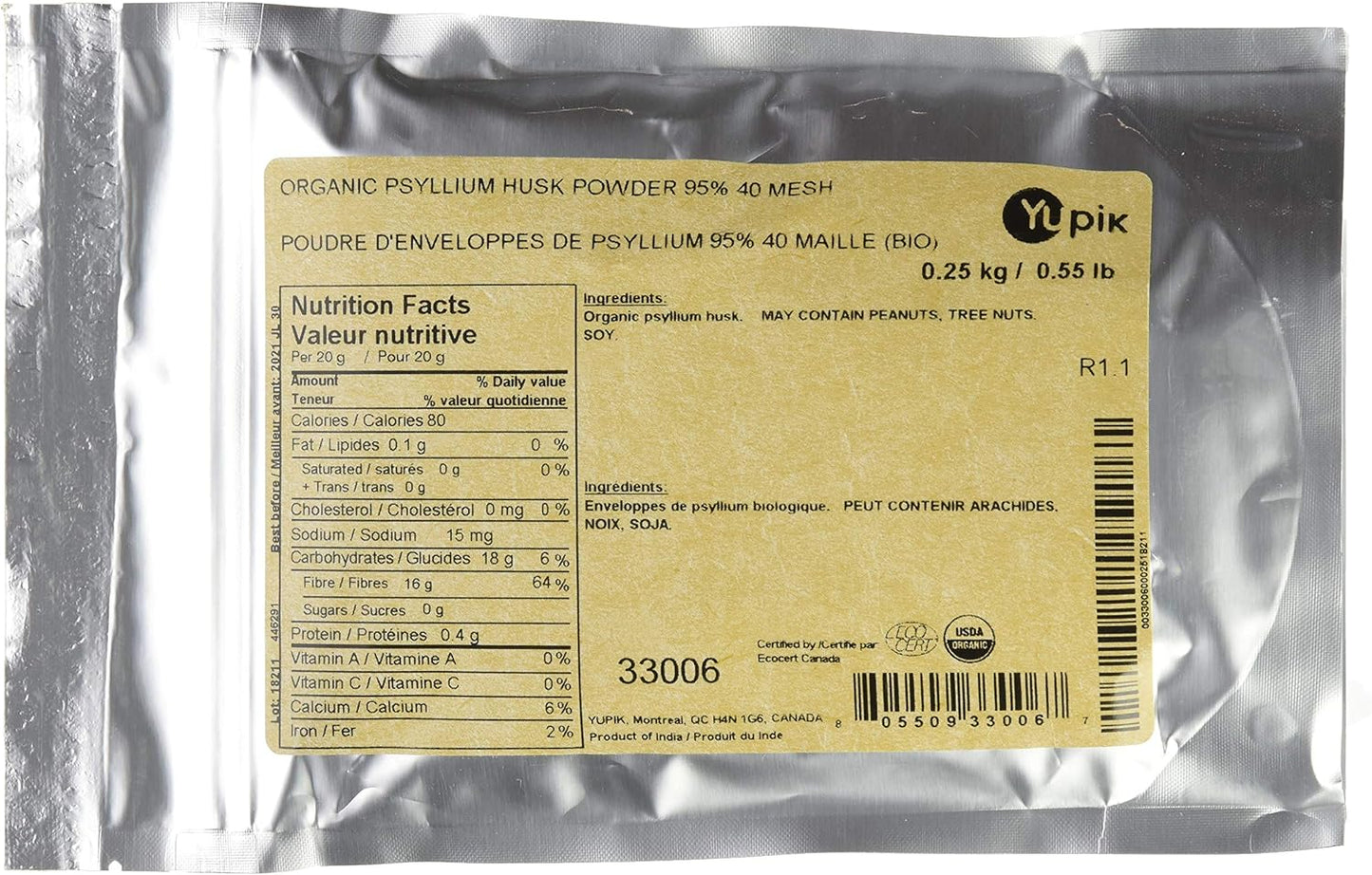 Yupik Organic Psyllium Husk Powder 95% 40 Mesh, 250g - From Canada