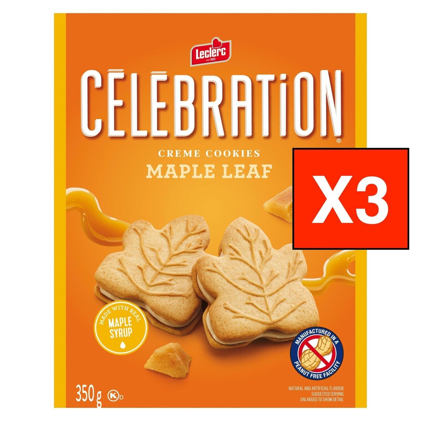 3x Boxes Leclerc Celebration Maple Leaf Creme Cookies 350g Each - CANADA FRESH