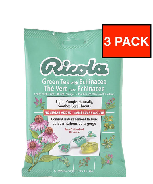 3 PACK Ricola Green Tea with Echinacea Cough Suppressant Throat Drops