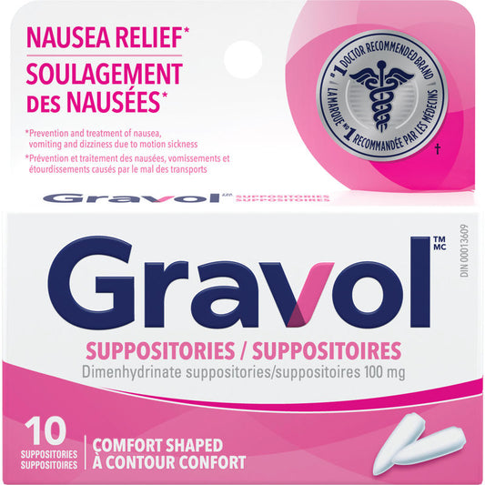 Gravol Comfort Shaped Suppositories 100mg Adult 10 suppositories FRESH Canada