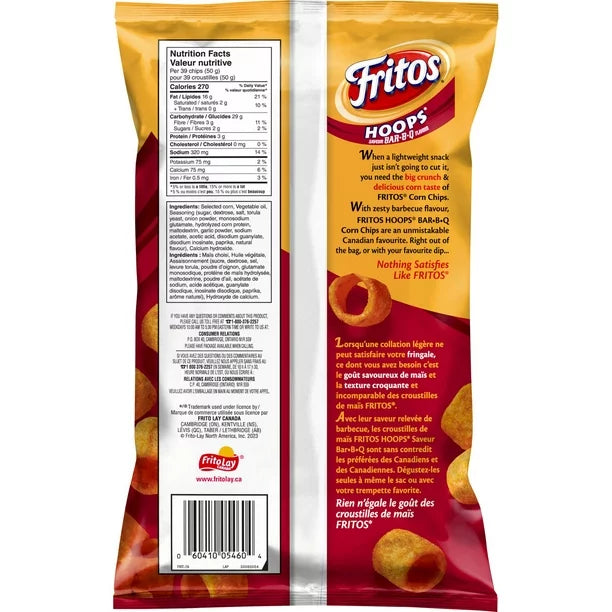 2 Bags Fritos Hoops BAR-B-Q Corn Chips 12.3oz From Canada