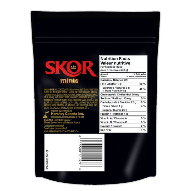 Skor Chocolate Candy Bar Minis, 191g/7oz Each 2 Pouches