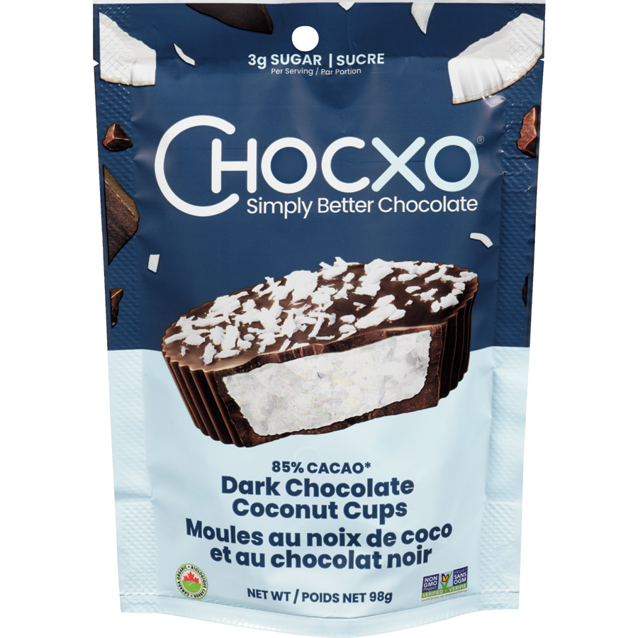 1 x Chocxo 85% Cacao Dark Chocolate Coconut Cups 98g Each Canada