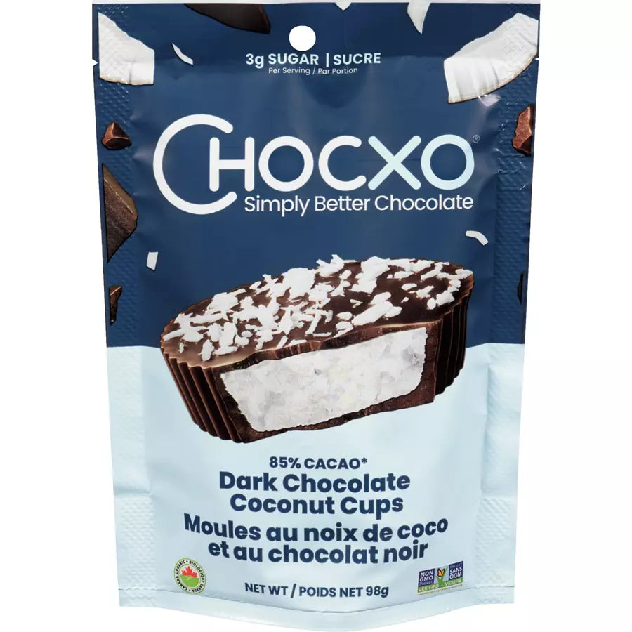 4 x Chocxo 85% Cacao Dark Chocolate Coconut Cups 98g Each Canada