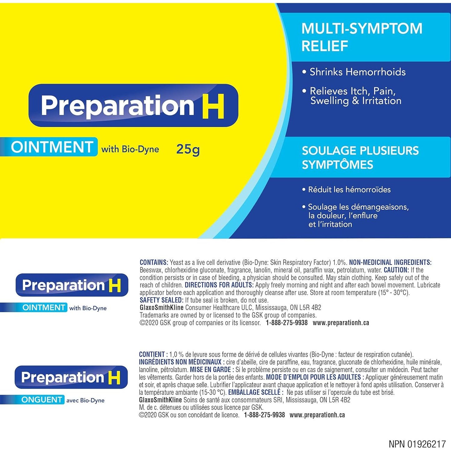 Canadian Preparation H Ointment With Bio-Dyne Multi-Symptom 25g Canada New