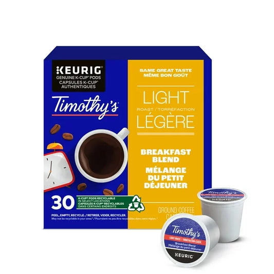 Timothy's Breakfast Blend Light Roast Coffee Single Serve Keurig K-cup Box of 30