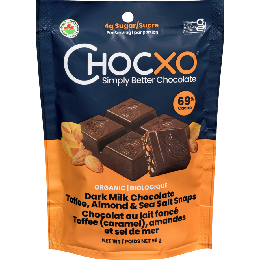 1 x Chocxo Dark Milk Chocolate Toffee Almond Sea Salt Snaps 98g Each Canada