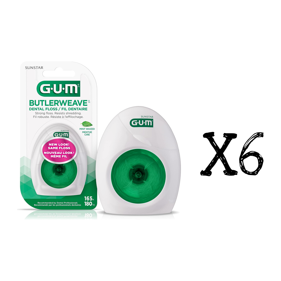 6x Sunstar GUM 165M ButlerWeave Mint Waxed Dental Floss Strong & Shred Canada