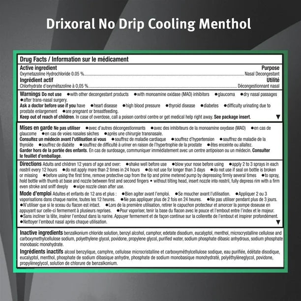 Drixoral No Drip Cooling Menthol 12 Hour Relief Nasal Spray Mist 15 mL, Canada