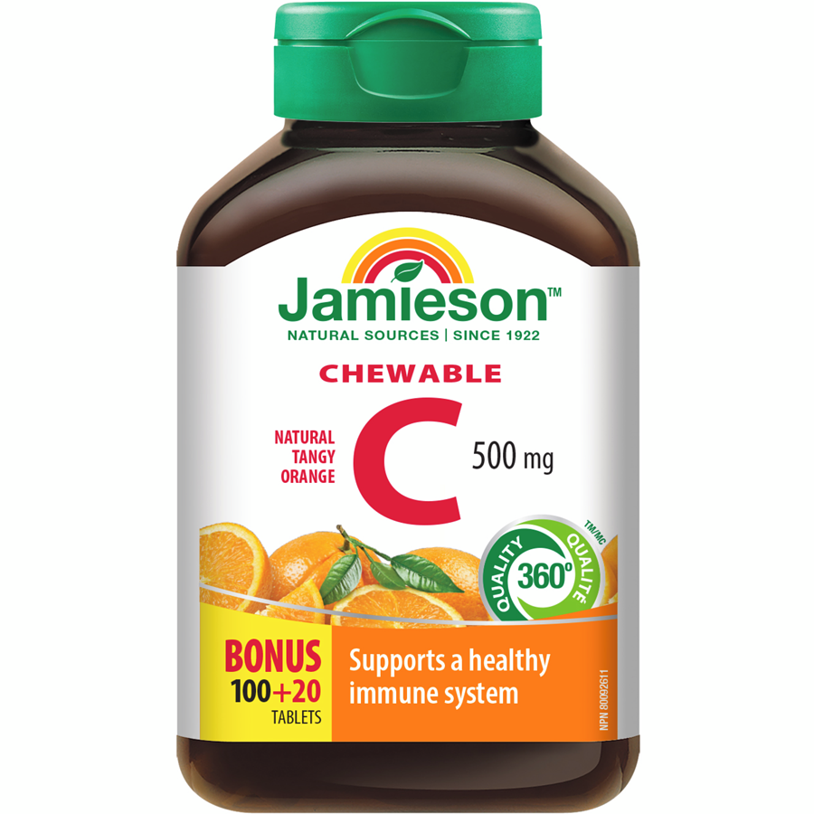 Jamieson Chewable Vitamin C Tangy Orange 500mg 120 Tablets, Imported from Canada