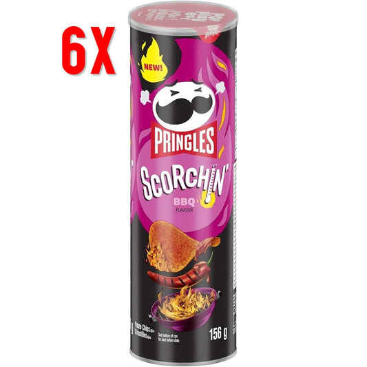 6 Packs of Pringles Scorchin' BBQ Potato Chips 156g FRESH & DELICIOUS