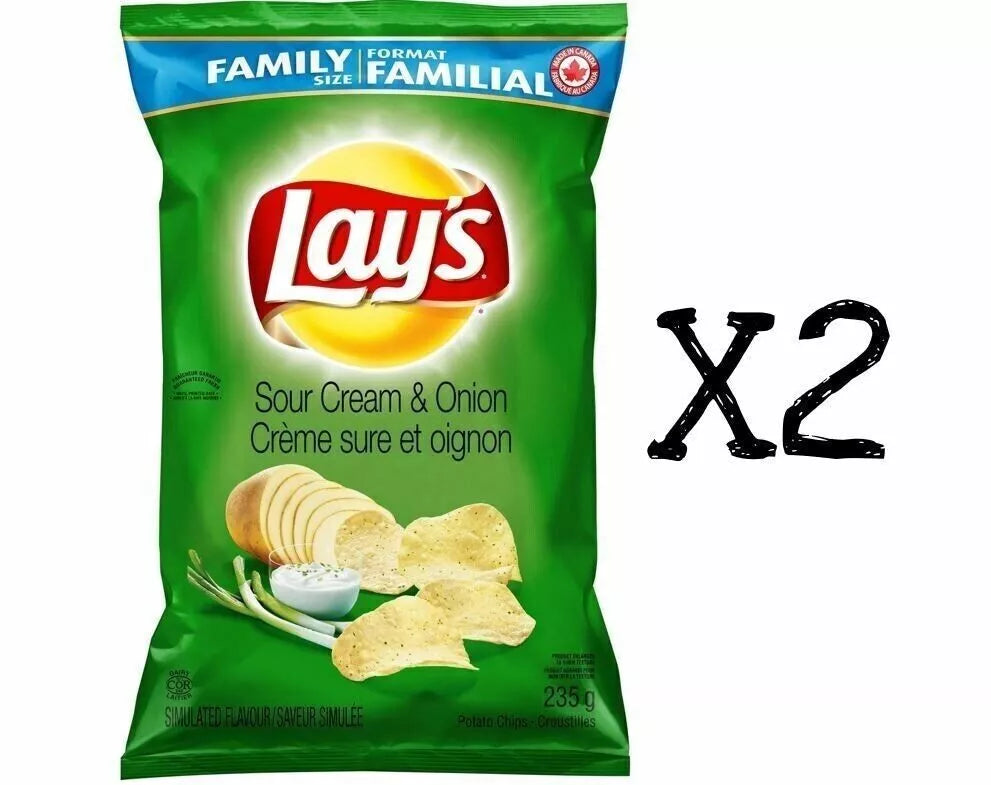 Lays Sour Cream & and Onion Chips Large Family Size 235g x2 Bags Canada Fresh