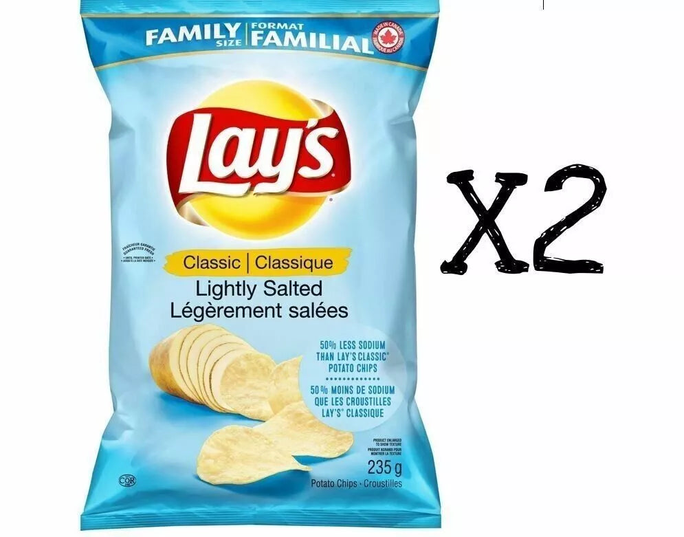 Lays Classic Lightly Salted Chips LARGE Family Size 235g x2 Bags Canada Fresh