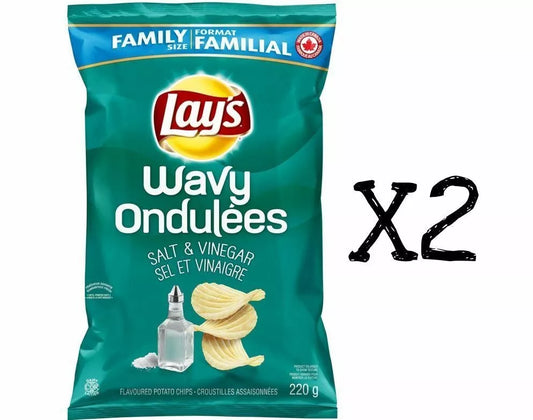 2X Wavy Lays Salt & Vinegar Flavoured Potato Chips Family Size 235g Canada Fresh