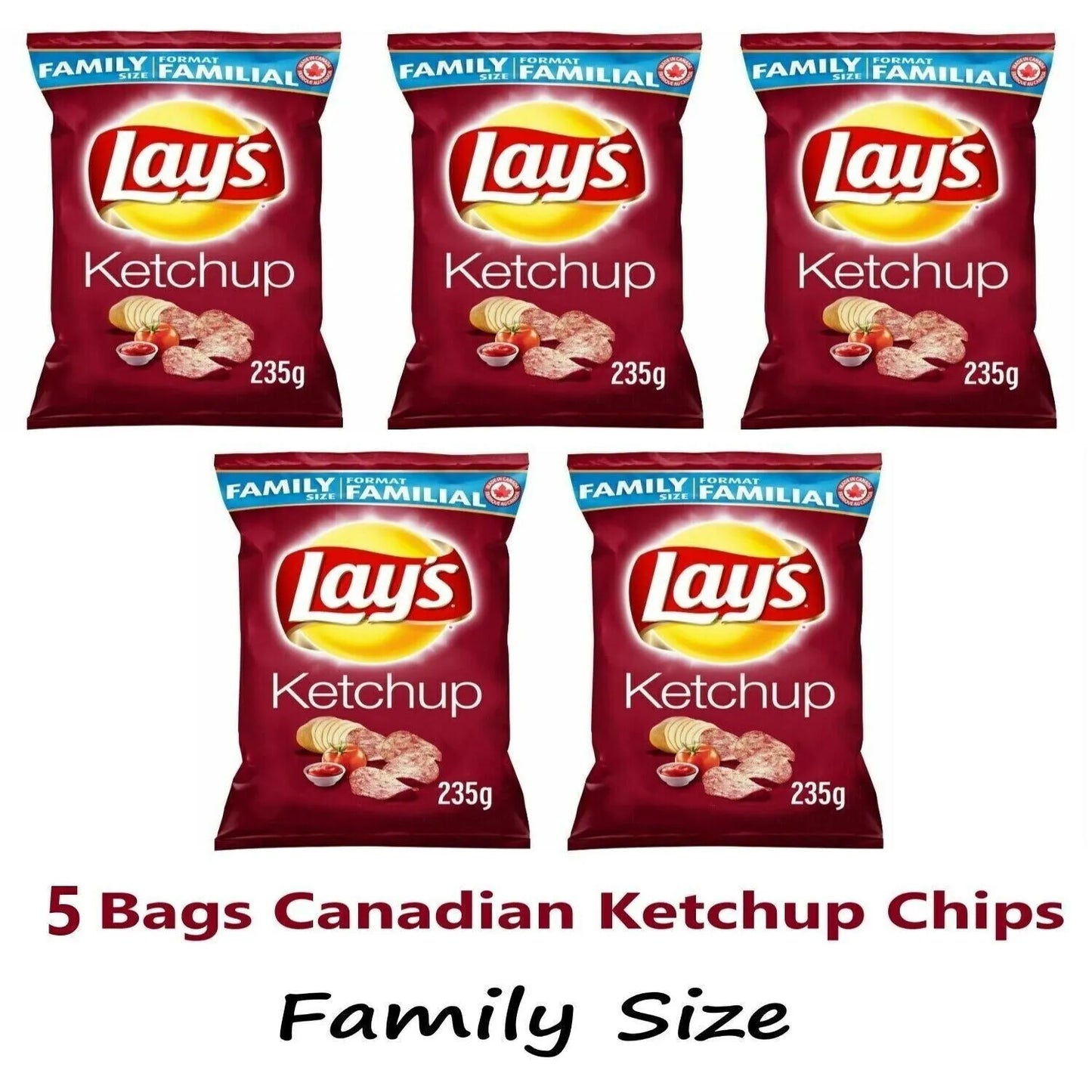 5 Bags Lays Ketchup Chips LARGE Family Size 235g From Canada FRESH & DELICIOUS!